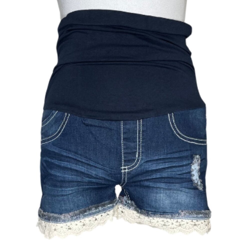 BELLA VIDA Soft Girl Lace Hem Maternity Denim Shorts Distressed Dark Wash S - Picture 3 of 8